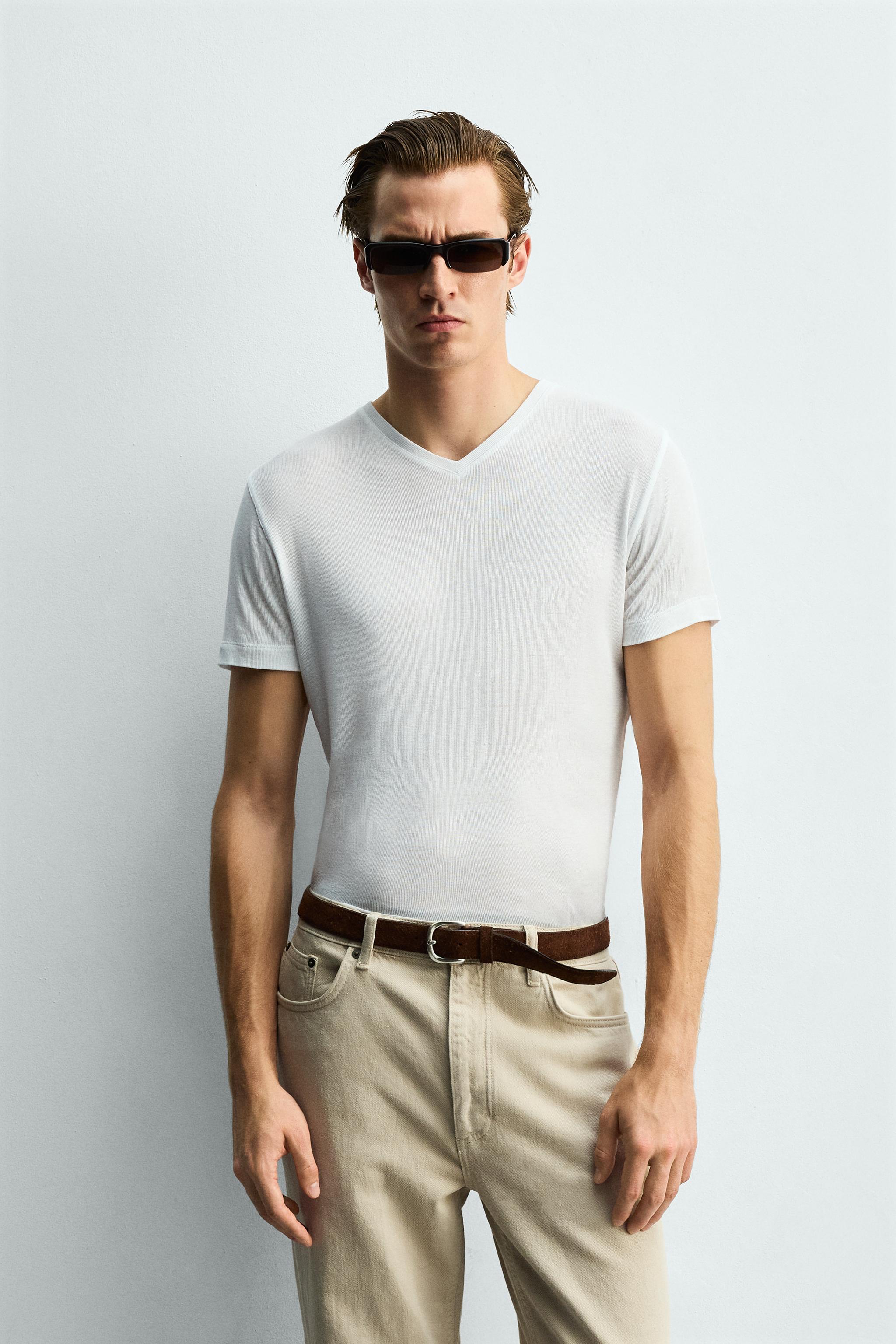 VISCOSE TEXTURED V-NECK T-SHIRT